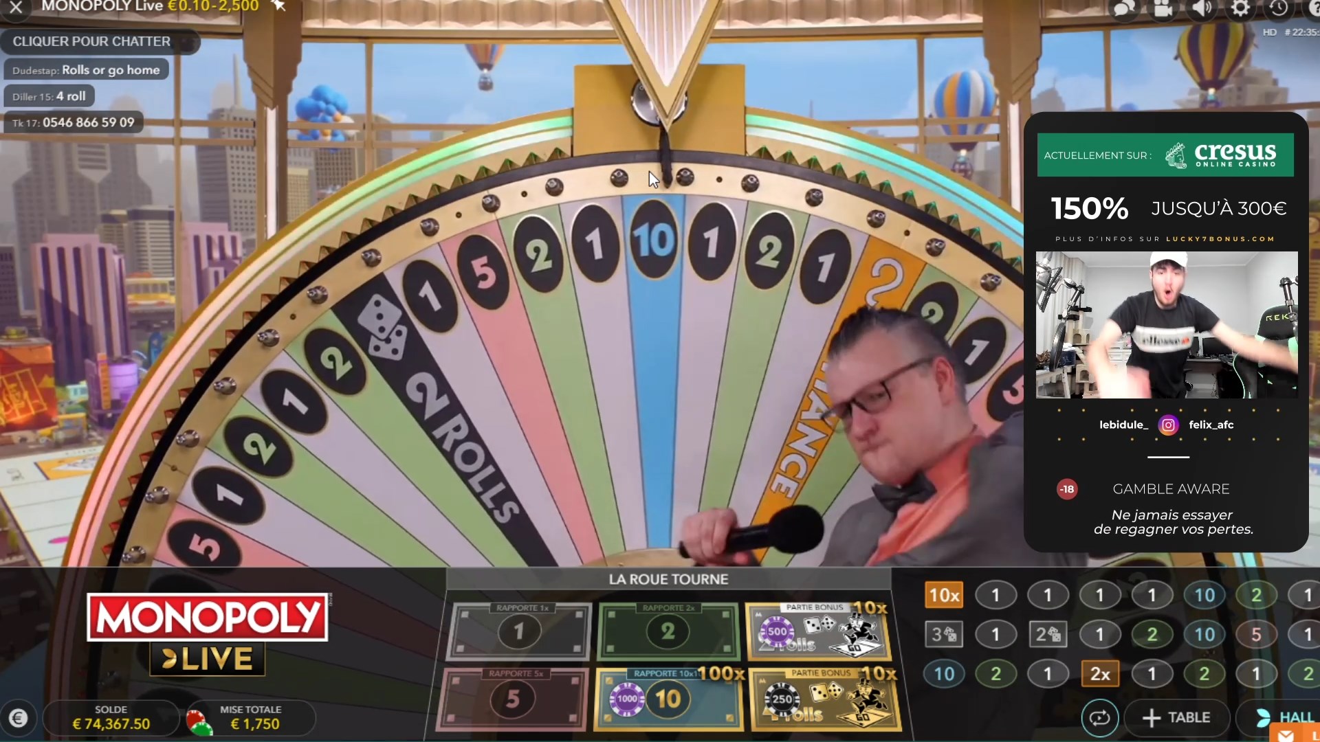 Bidule wins €100,000 at Monopoly Live